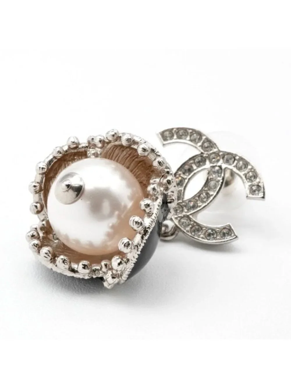 Chanel Earrings Silver Black Coco Mark Rhinestone Flower